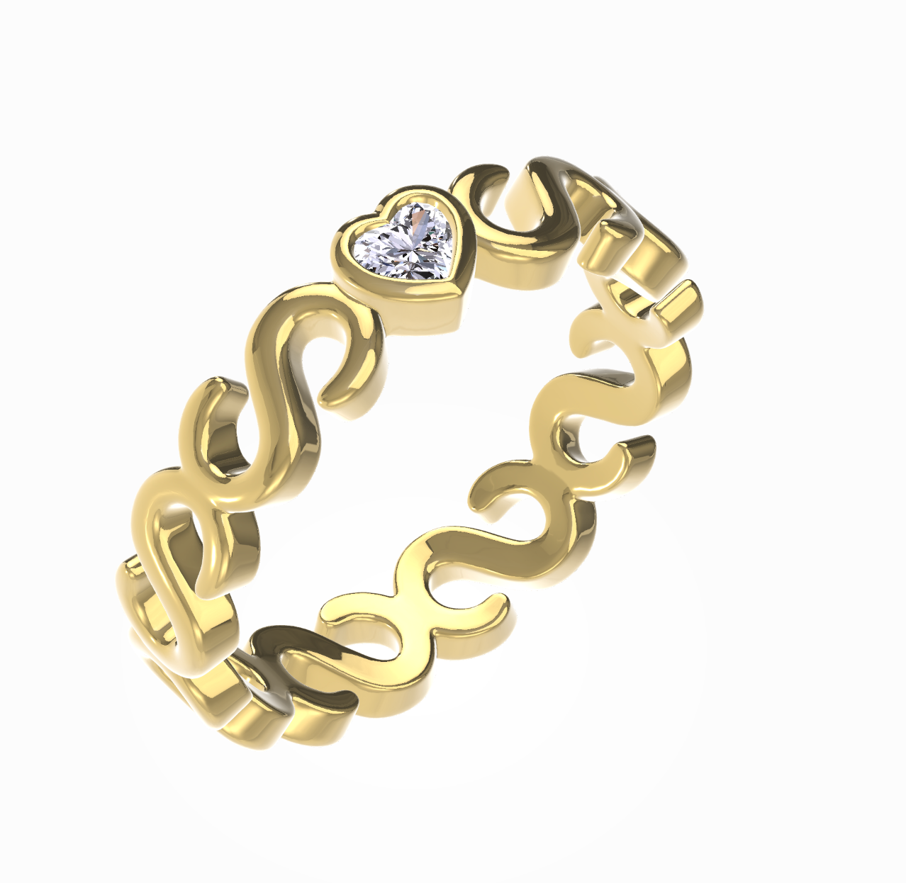 Render of Interlocking C design of Connected Hearts Ring in gold with diamond heart