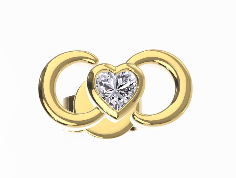 Gold earring with a heart-shaped gemstone on a white background