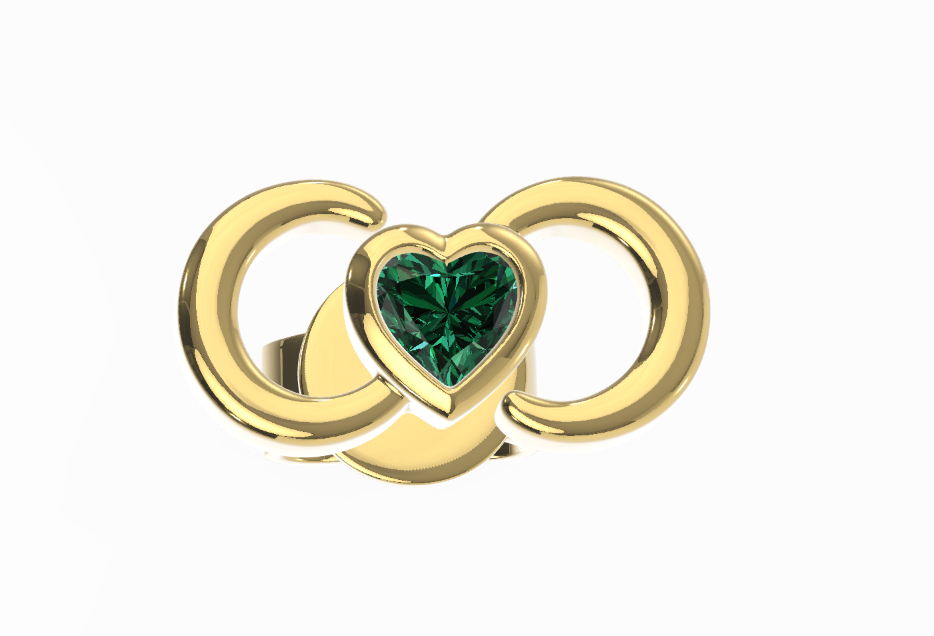 Gold ring with a green heart-shaped gemstone on a white background