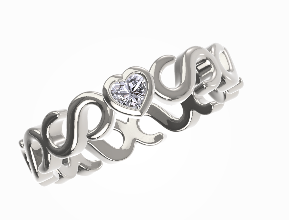 A 3D render of Casoni Connected Hearts Ring in 18k white gold with heart motif